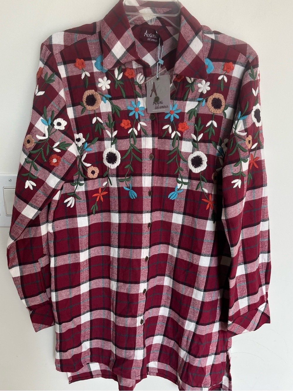 Avanti red and white embroidered plaid shirt